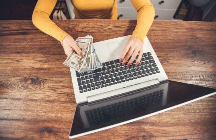 una persona al computer con dei soldi in mano