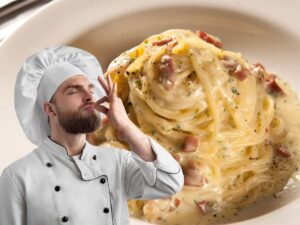 carbonara cremosa nel piatto e chef