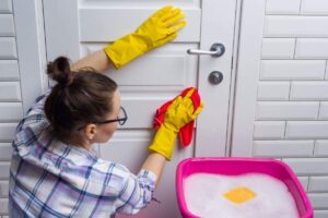 donna che pulisce la porta