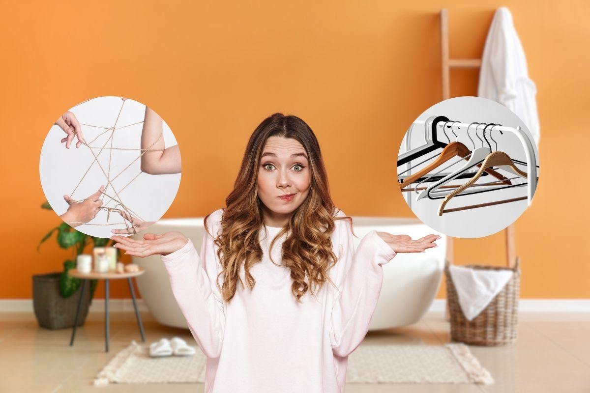 Con delle corde e delle grucce ho realizzato un accessorio indispensabile nel bagno: un’idea di riciclo geniale