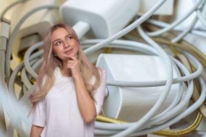 donna che pensa e caricabatterie