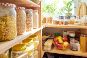 barattoli e cibo nella dispensa
