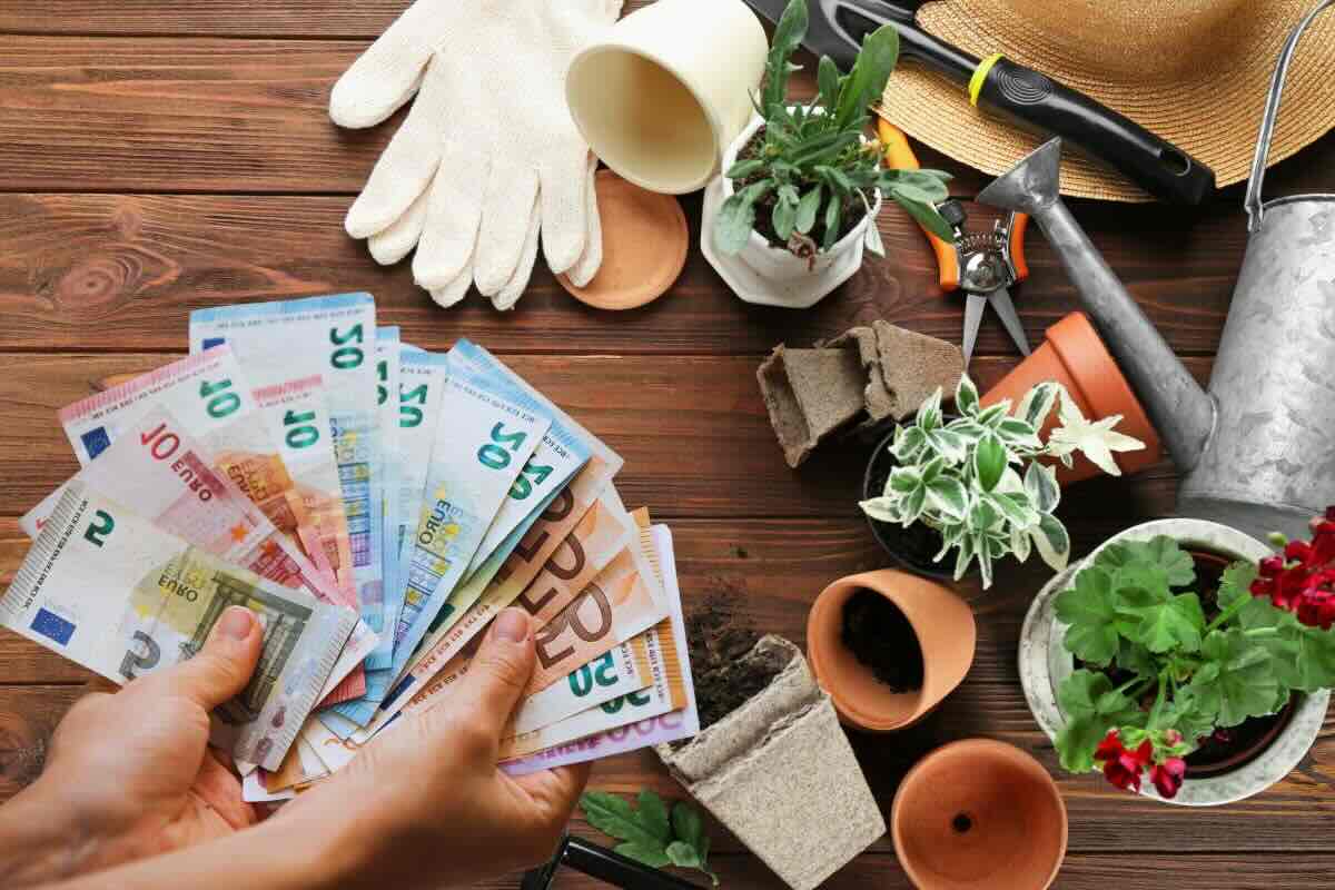 Mano con banconote euro, vasi, guanti, forbici giardinaggio